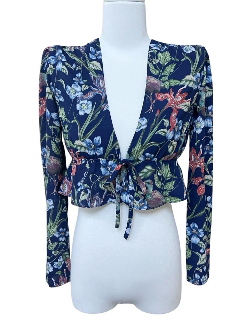 Aritzia Sunday Best Kimberly Blouse XS Cropped Tie Front Deep V-Neck Marsh Birds